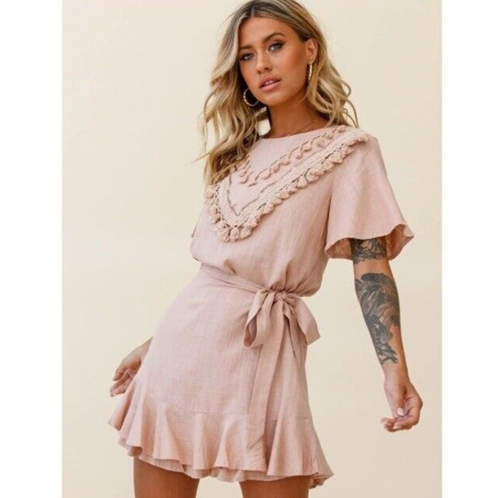 NEW INDIKAH Linen Faux Wrap Mini‎ Tassel Fringe Dress Women Large Boho Mocha